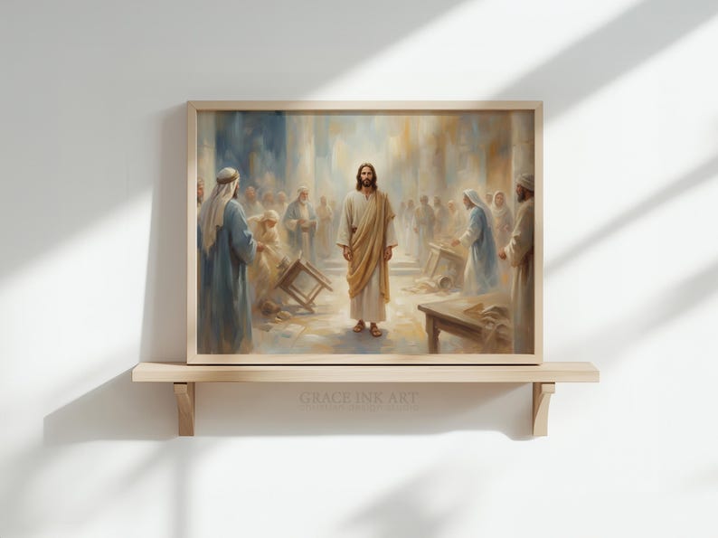 The image is a painting of Jesus Christ surrounded by a crowd of people, with some of the people holding up a table.