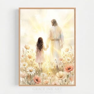 May include: Watercolor print of a figure holding a child's hand, walking through a field of flowers. The figures are bathed in a warm, golden light. The artwork is framed in a light wood frame.