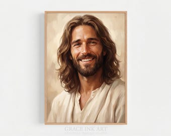 Jesus Portrait Smiling. Smile of Christ Art. Digital Art. Happy Jesus Art. Laughing Jesus Inspiration Poster. Christian Art.