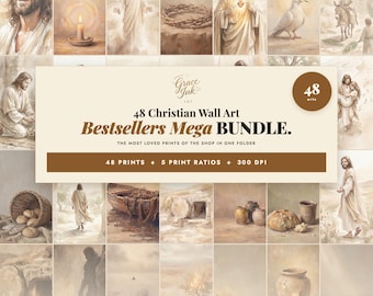 May include: A digital collection of 48 Christian wall art prints featuring various religious scenes, including depictions of Jesus, a crown of thorns, a dove, and ancient pottery, with text reading 48 Christian Wall Art Bestsellers Mega BUNDLE.