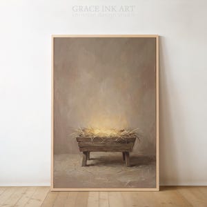Empty Manger. Nativity Scene Artwork. Beige Minimalist Oil Art. Faith Art for Home. Christmas LDS Decor.Vintage Painting Style Digital Print