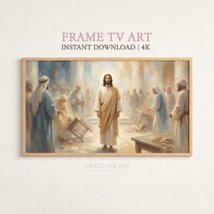 Puede incluir: Una impresión artística digital enmarcada que representa una escena religiosa. La figura central destaca, rodeada de otras figuras con túnicas en un interior luminoso. El texto en la parte superior dice "FRAME TV ART INSTANT DOWNLOAD | 4K".
