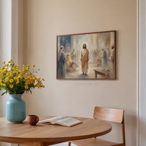 a serene indoor setting with a wooden table, a vase of yellow flowers, and a painting of Jesus Christ. The painting is hung on the wall above the table, which has an open book and a cup on it.