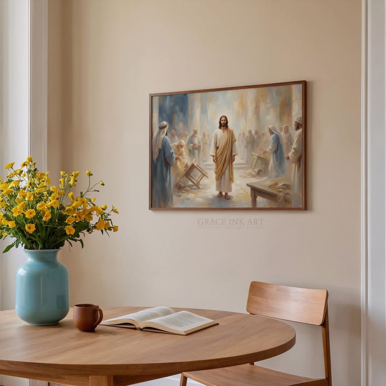 a serene indoor setting with a wooden table, a vase of yellow flowers, and a painting of Jesus Christ. The painting is hung on the wall above the table, which has an open book and a cup on it.