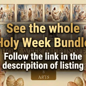 The image is a collage of various scenes from the Holy Week, including images of Jesus Christ, Easter eggs, and other religious imagery. The text overlay invites viewers to "See the whole Holy Week Bundle" and provides a link to the description of listing.