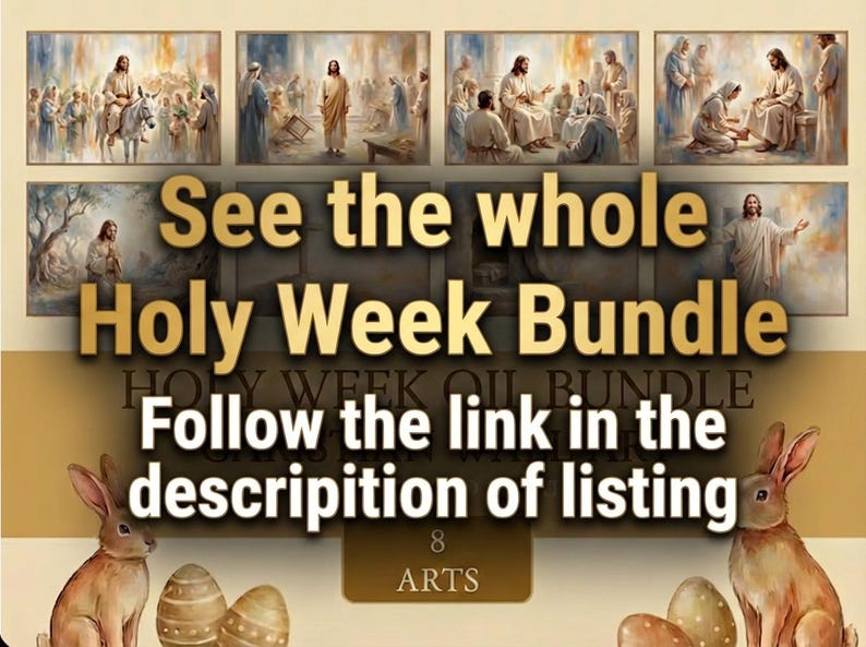 The image is a collage of various scenes from the Holy Week, including images of Jesus Christ, Easter eggs, and other religious imagery. The text overlay invites viewers to "See the whole Holy Week Bundle" and provides a link to the description of listing.