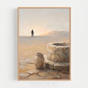 The image is an oil painting depicting a desert landscape with a solitary figure standing near a stone well.