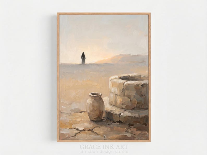 The image is an oil painting depicting a desert landscape with a solitary figure standing near a stone well.