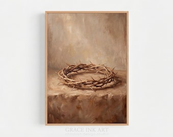 Crown Of Thorns Bible Print. Passion Of Christ Art. Beige Oil Style Painting. Faith Art Inspiration. Christian Wall Art. Digital Download