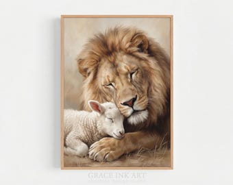 The Lion And The Lamb, Lion of Judah Christian Wall Art Christ, Christian Faith Painting,  Peaceful Digital Print Jesus, Lamb Of God.