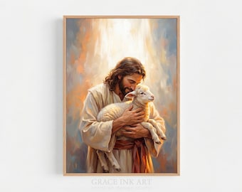 Impresión de Jesús sosteniendo un cordero. Arte "El Señor es mi pastor". Decoración cristiana de pared. Impresión bíblica. Arte SUD. Estilo de pintura vintage. Impresión digital.