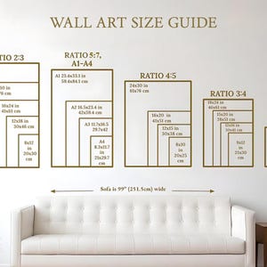 The image is a wall art size guide that provides dimensions for different wall art sizes, ranging from 2x3 to 11x14 feet wide.