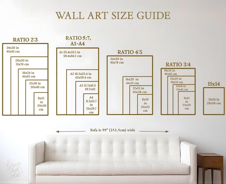 The image is a wall art size guide that provides dimensions for different wall art sizes, ranging from 2x3 to 11x14 feet wide.