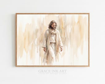 Smiling Jesus Walking Print. Walking Jesus Art. Instant Digital Download. Christian Wall Art LDS Gift. Horizontal Painting.