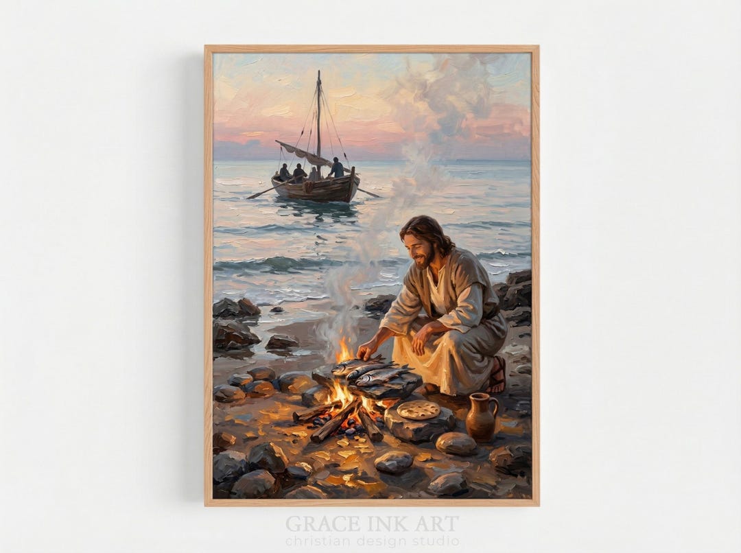 Jesus at the Shore. Christian Wall Art. John 21 Christ Cooking Fish for ...