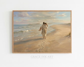 He Carried Me Christian Wall Art. Jesus Carrying Child Oil Painting. Footprints in the Sand Faith Inspired Decor. LDS Religious Gift