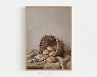 Five Loaves And Two Fish. Jesus feeds 5000.  Bible Print. Beige Minimalist Oil Art. Christian Wall Art. Faith Art Home Decor. LDS Gift
