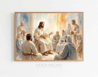 Holy Tuesday. Jesus Teaching the Disciples Art. Oil Jesus Painting. Christian Easter Wall Digital Print. Holy Week LDS Decor