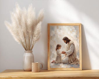 Jesus Praying with Little Girl.Christ with Children Art.Christian Wall Art. Bible Print. Portrait of Jesus. LDS Art. Jesus and Girl Digital