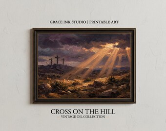 Cross on The Hill. Christian Wall Art. Digital Instant Download.Christian 3 crosses on Golgotha Hill,  Christmas LDS Gift.Jesus Crucifixion