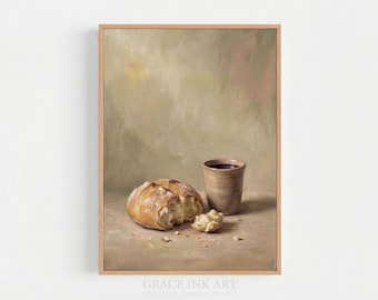 Bread And Wine Artwork. Holy Communion. Christian Wall Art. Beige Minimalist Oil Art. Faith Art Home Decor. Bible Print. Digital Print