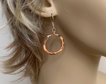 Copper Hammered Hoop Earrings, Hammered Copper Hoop Earrings, Copper Hoop Dangle Earrings, Copper Dangle Earrings