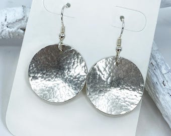 Hand Hammered Sterling Silver Disc Earrings, Full Moon Medium size Silver Disks