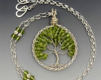 Tree of Life Peridot Pendant Necklace, Peridot and Sterling Silver Large Tree of Life medallion necklace, Peridot Tree of Life Wire Wrap