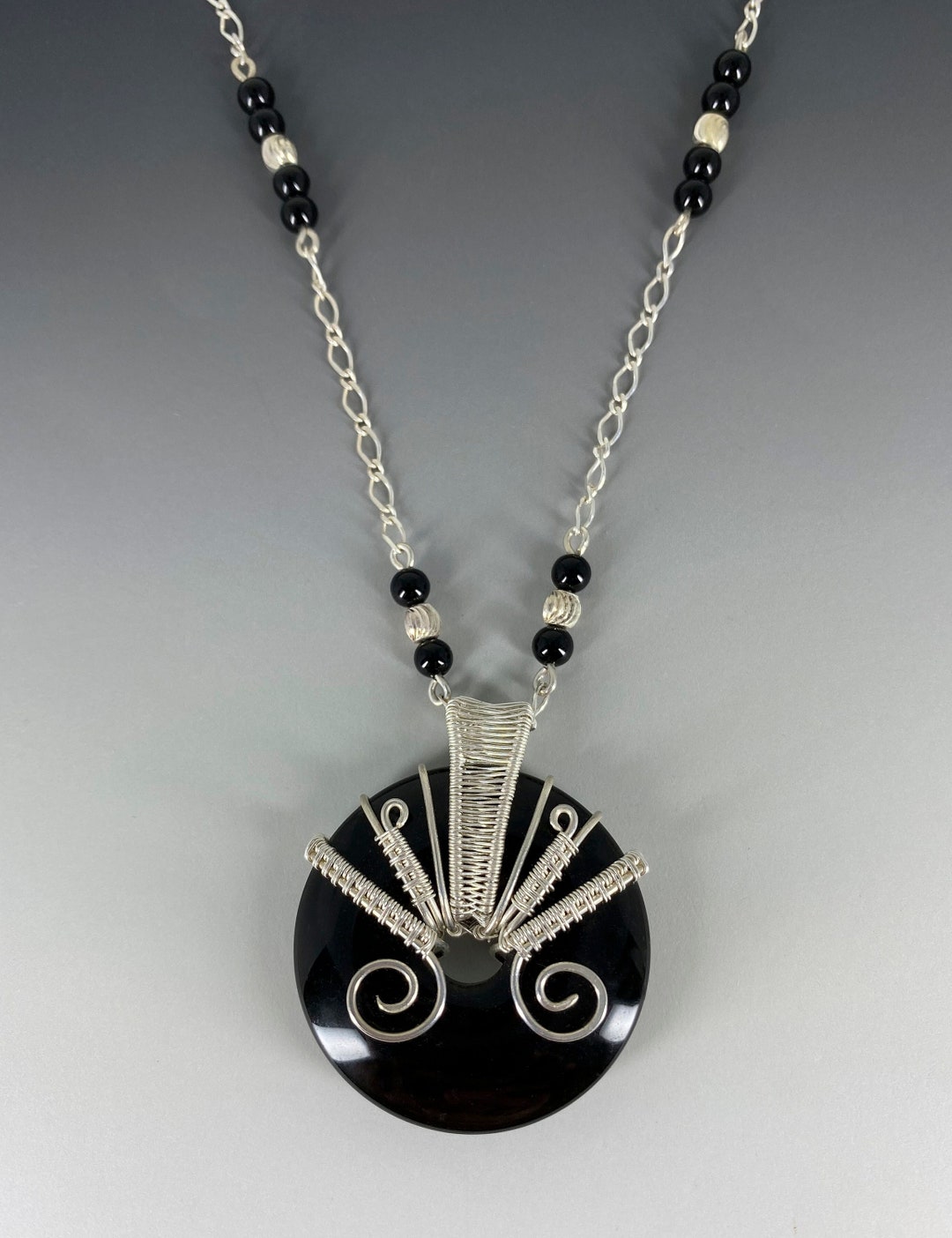 Black Onyx Gemstone Wire Wrap Donut Pendant Sterling Silver Etsy