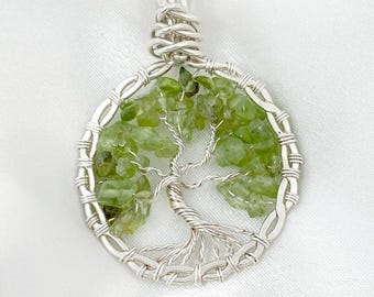 Sterling Silver Peridot Tree of Life Necklace: Wire Wrapped Pendant