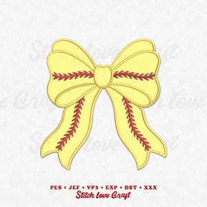 Puede incluir: Un lazo amarillo con detalles de costura rojos, que recuerda a una pelota de béisbol. El lazo tiene un nudo central y dos colas largas y fluidas. El texto "Stitch love Craft" está en la parte inferior.