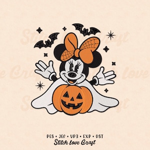 Halloween Ghost Mouse Embroidery Design: Spooky Pumpkin, Bats (Multiple Sizes & Formats)