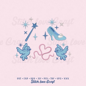 May include: A collection of embroidered designs featuring a blue wand, a glass slipper, two blue birds, a pink heart, and stars. The designs are on a pink background. The text "Stitch Love Craft" is at the bottom.
