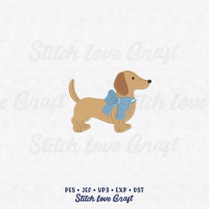 Peut inclure: Un chien teckel marron clair avec un nœud papillon bleu clair. Le chien est tourné vers la droite. Le texte "Stitch Love Craft" est en arrière-plan et en bas de l'image.