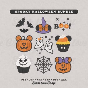 Op de afbeelding: Een digitale borduurontwerpset getiteld SPOOKY HALLOWEEN BUNDLE met negen iconen: zwarte vleermuizen, een paarse heksenhoed met oranje strik, oranje pompoenen, witte spoken, een cupcake, een spinnenweb en pompoenfiguren met muizenoren.