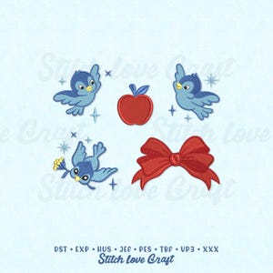 Op de afbeelding: Borduurontwerpen met blauwe vogels, een rode appel en een rode strik, tegen een lichtblauwe achtergrond met sterren. De tekst "Stitch Love Craft" staat onderaan de afbeelding.