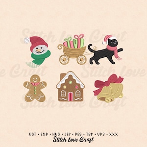 May include: Embroidered Christmas-themed designs including a snowman, a cat pulling a cart of gifts, a gingerbread man, a gingerbread house, and two bells with a red bow. The text "Stitch Love Craft" is at the bottom.