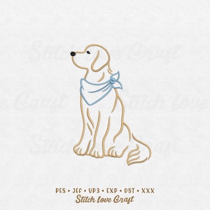 May include: An embroidered design of a golden retriever dog sitting, wearing a blue bandana. The dog is outlined in gold thread, with a black nose and eye. The text "Stitch love Craft" is at the bottom.