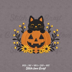 Black Cat Embroidery Design: Floral Halloween, Spooky Pumpkin (Multiple Sizes & Formats)