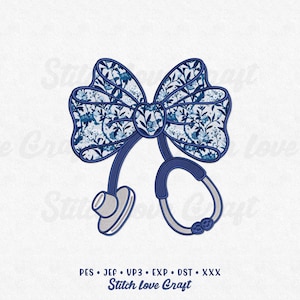 May include: A blue floral bow design with a stethoscope. The bow features a detailed floral pattern in shades of blue and white. The stethoscope is in blue and gray. The text "Stitch love Craft" is at the bottom.
