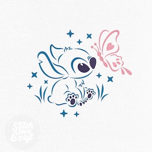 May include: A blue and pink graphic of a cartoon character with large eyes, sitting in grass and looking at a pink butterfly. Blue stars are scattered around the character. The text "Stitch Love Craft" is at the bottom.