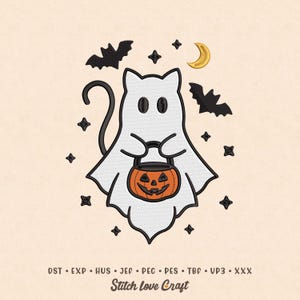 Halloween Ghost Cat Embroidery Design: Pumpkin, Bats, Machine Embroidery File (6 Sizes, Multiple Formats)