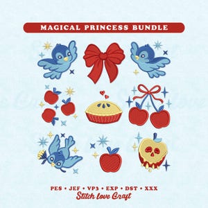Prinzessinnen-Stickmuster: Mini-Vögel, Apfelkuchen, Kokette Schleife (Sofort-Download)