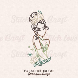 May include: An embroidered design featuring a stylized illustration of a woman with a floral crown and a green dress. The design includes a lotus flower and stars. The text "Stitch Love Craft" is at the bottom.