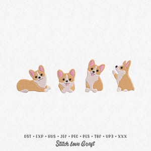 Könnte beinhalten: Vier gestickte Corgi-Hunde-Designs in verschiedenen Posen: liegend, sitzend, mit herausgestreckter Zunge und stehend. Die Corgis sind hellbraun, weiß und rosa, mit schwarzen Augen und Nasen. Der Text "Stitch Love Craft" steht unten.