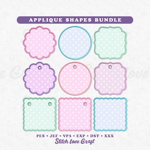 Op de afbeelding: Een bundel van negen applicatievormen in pastelkleuren, waaronder roze, blauw en groen, met witte stippen. De vormen omvatten cirkels, vierkanten en geschulpte randen. De tekst bovenaan luidt "APPLIQUE SHAPES BUNDLE".