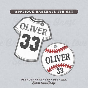 May include: A white and grey applique baseball set featuring a jersey and a baseball design. The jersey has the name "OLIVER" and the number "33". The baseball design also has the name "OLIVER" and the number "33". The text "APPLIQUE BASEBALL ITH SET" is at the top.