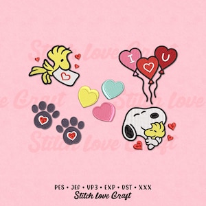 May include: Embroidered designs featuring Snoopy and Woodstock with hearts. Includes heart-shaped balloons, paw prints with hearts, and a yellow bird carrying a letter. The designs are in shades of red, yellow, and blue on a pink background.