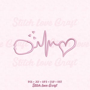 Può includere: Un disegno di ricamo rosa con uno stetoscopio, tre piccoli cuori e una linea di battito cardiaco che termina a forma di cuore. Il testo "Stitch Love Craft" è ripetuto sullo sfondo e in basso, insieme alle abbreviazioni dei tipi di file.