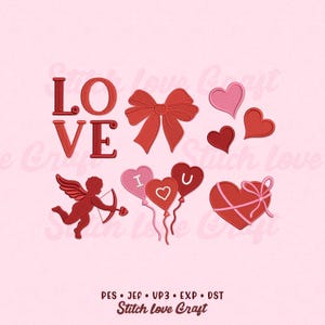 Könnte beinhalten: Eine Sammlung roter und rosa Stickmuster zum Valentinstag. Die Designs umfassen das Wort "LOVE", eine Schleife, Herzen, einen Amor und herzförmige Luftballons. Der Hintergrund ist hellrosa. Der Text "Stitch Love Craft" steht unten.